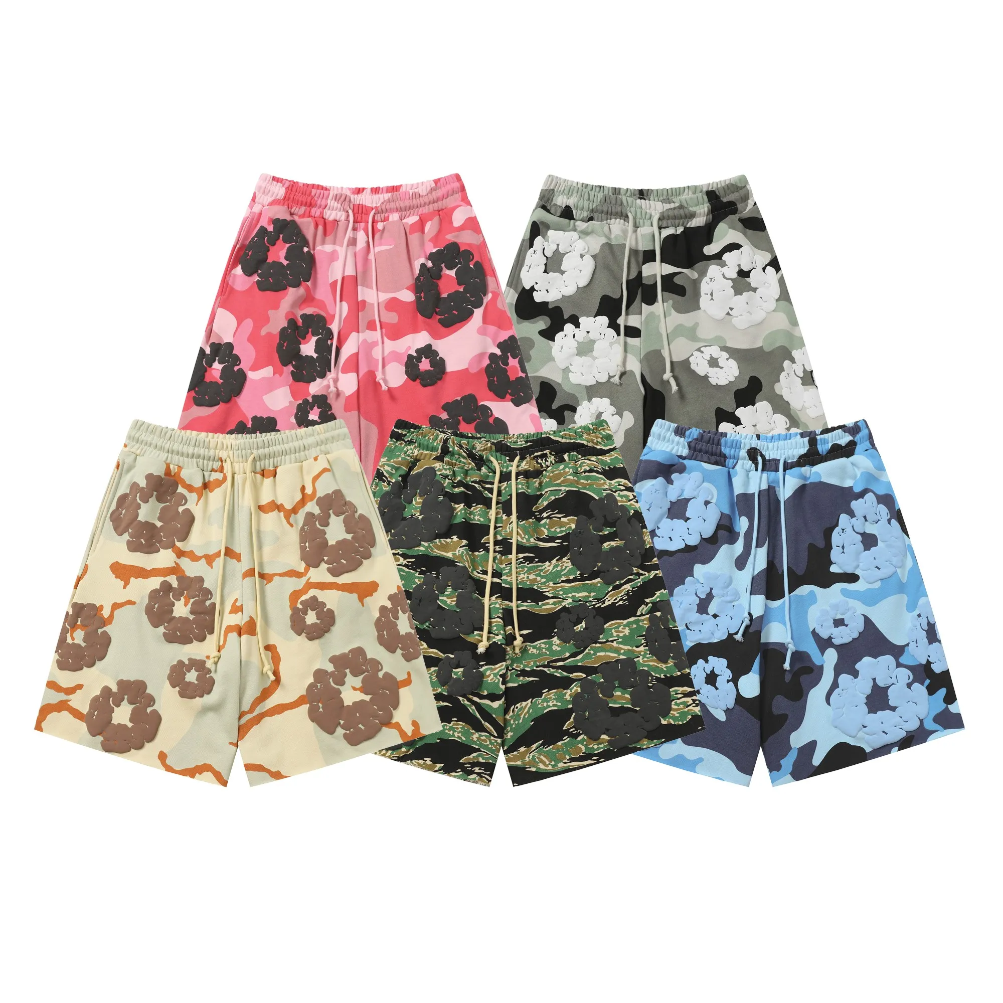 8208# DENIM TEARS Kapok European and American trendy brand high-quality foam flocking camouflage printed shorts Color Camouflage blue Camouflage powder Camouflage gray Camouflage apricot Camouflage green Size S-XL